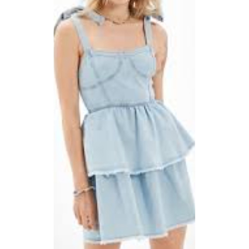 American Eagle Denim Mini Dress Sz Sm LtBlue Tiered Ruffle Bustier Boho Festival